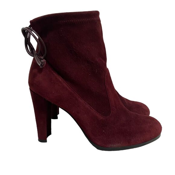 Stuart Weitzman Burgundy Suede Glove Tie Back Round Toe Heeled Ankle Bootie 7.5 - Picture 4 of 12